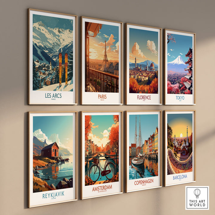 Wall art showcasing ski poster of Les Arcs, France, along with scenic prints from Paris, Florence, Tokyo, Reykjavik, Amsterdam, Copenhagen, and Barcelona.