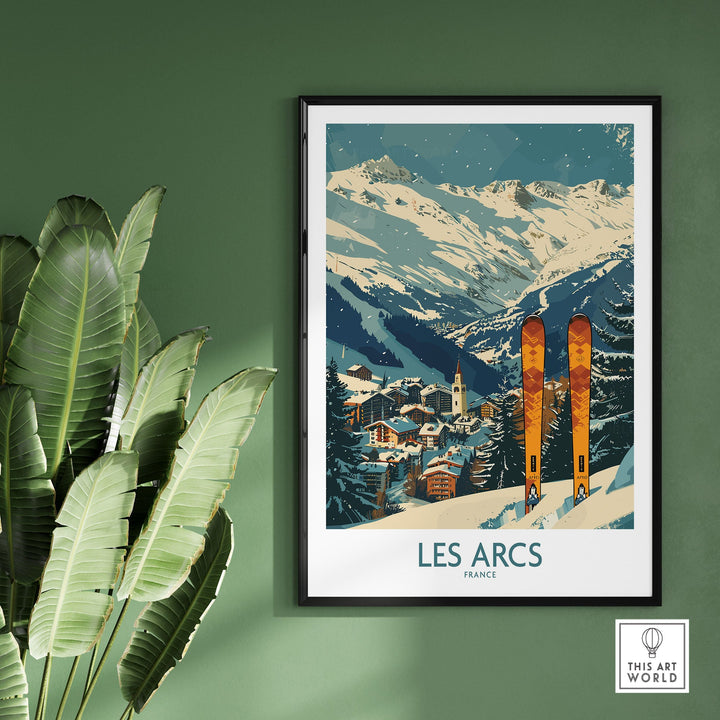 Vintage Les Arcs ski poster wall art featuring a snowy mountain landscape in France with ski sticks, displayed on a green wall.