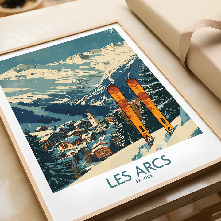 Les Arcs Wall Art featuring a ski poster of snowy mountains and village in France, perfect for winter sports enthusiasts.