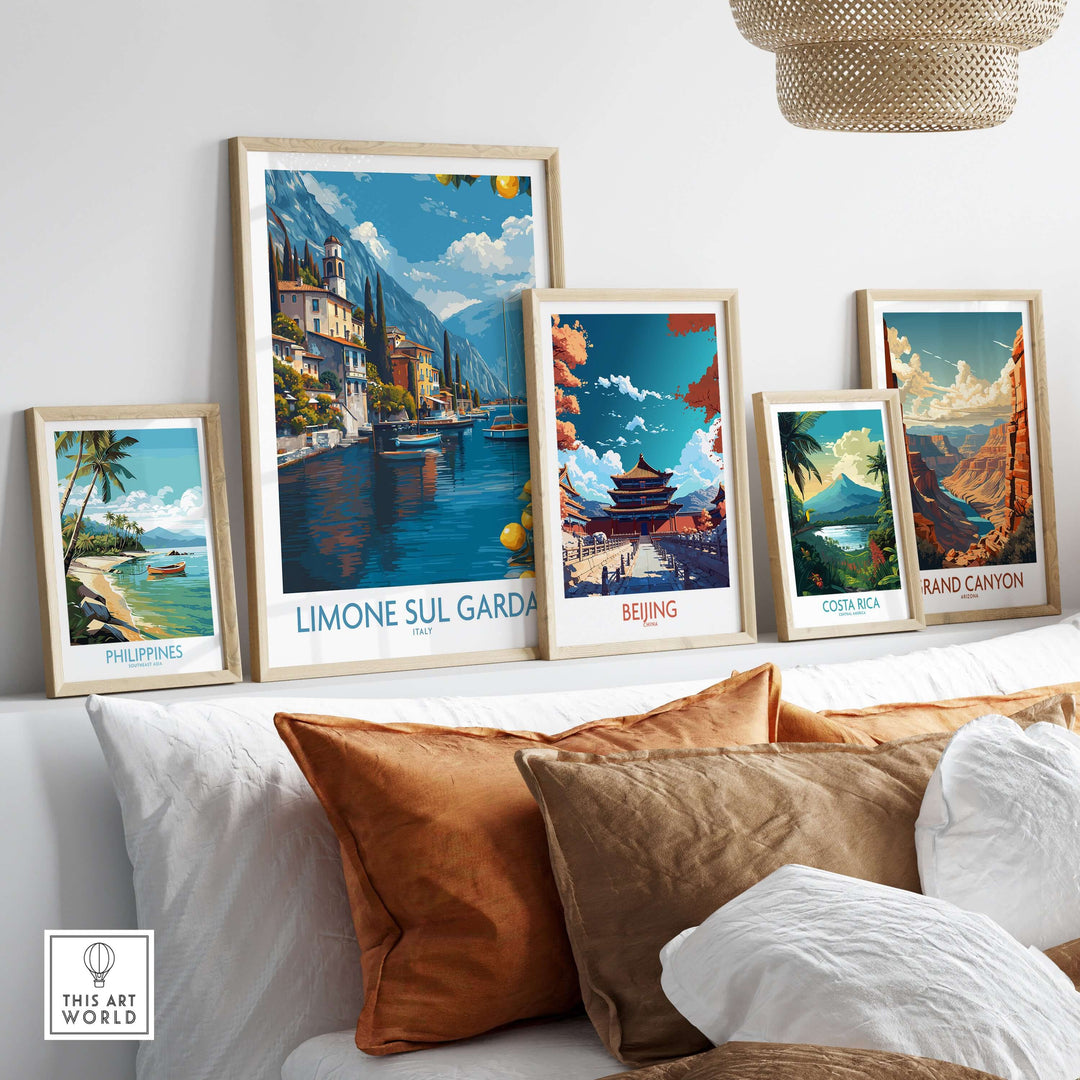Limone sul Garda Italy Art Print | Lake Garda Poster displayed among other travel art prints on a stylish wall.