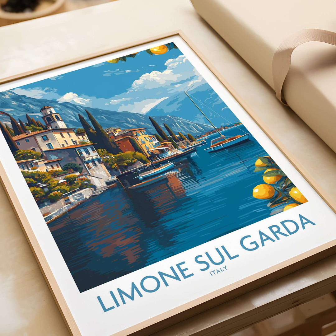 Limone sul Garda Italy Art Print | Lake Garda Poster featuring vibrant lakeside views and colorful architecture.