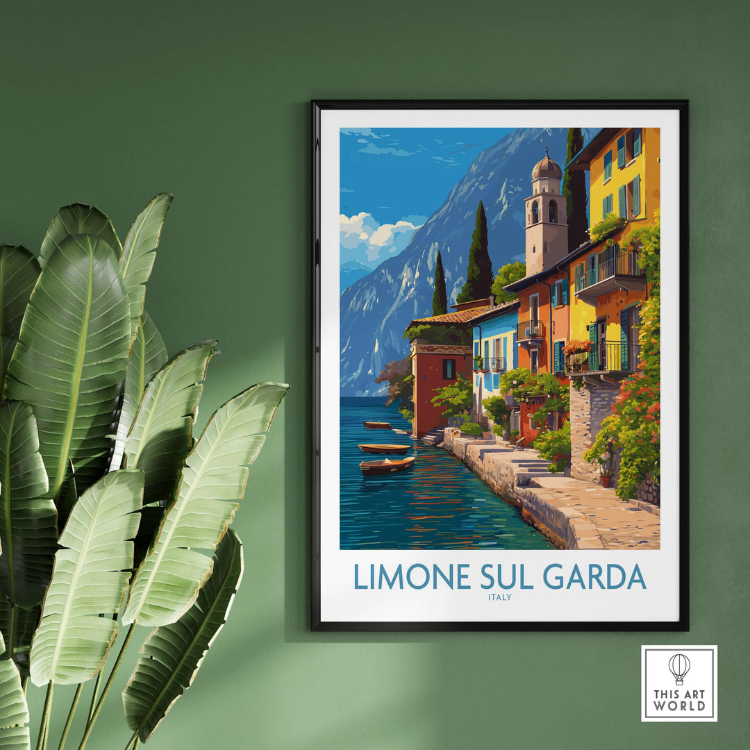 Limone sul Garda Italy Art Print | Lake Garda Travel Poster showcasing lakeside views and Italian architecture.