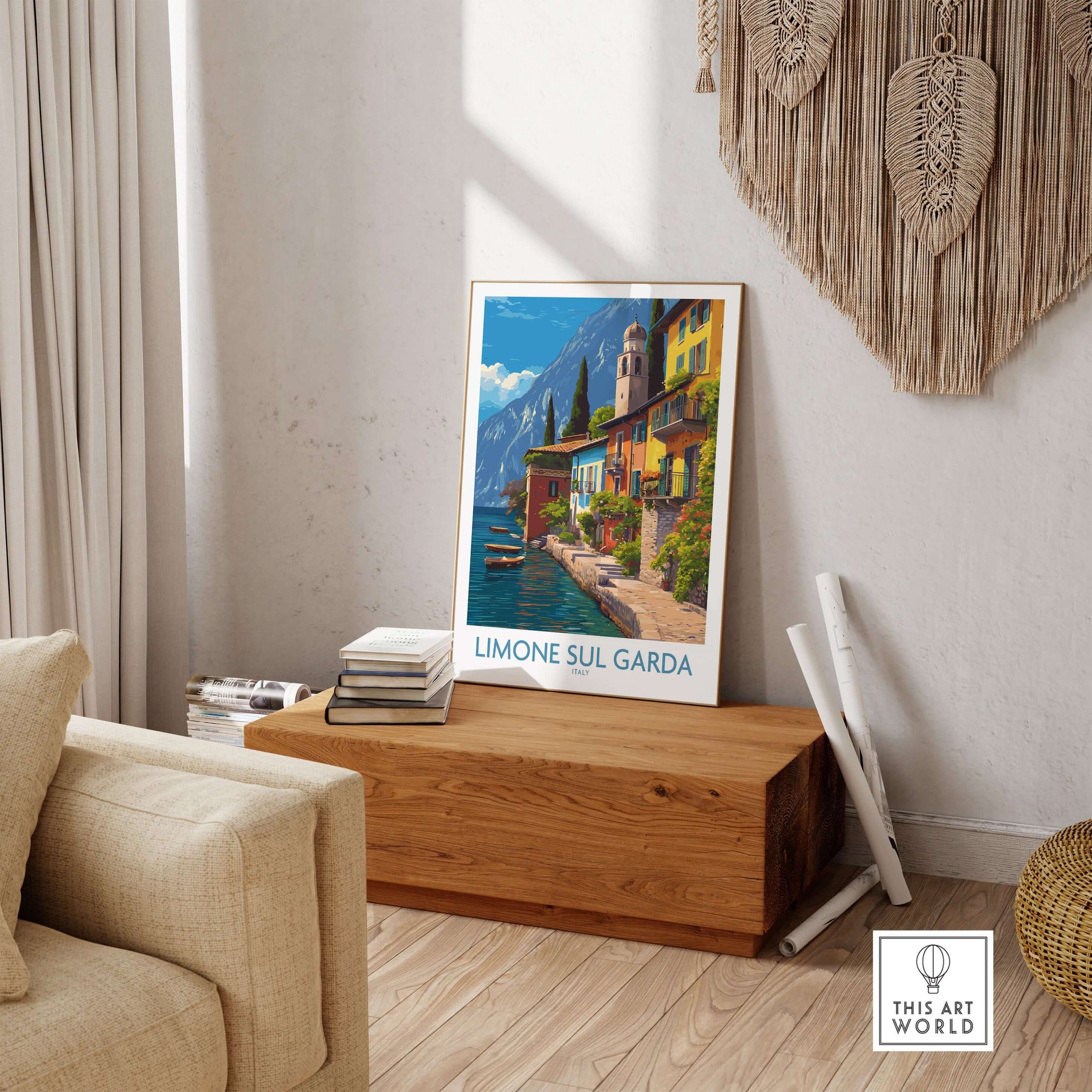 Limone sul Garda Italy Art Print | Lake Garda Travel Poster displayed in a cozy living room setting.
