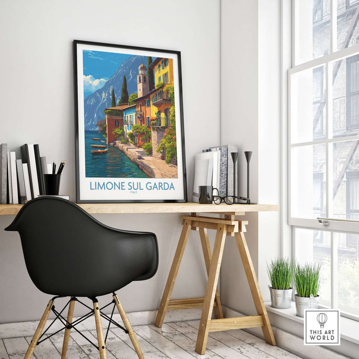 Limone sul Garda Italy Art Print | Lake Garda Travel Poster displayed in a modern workspace setting.