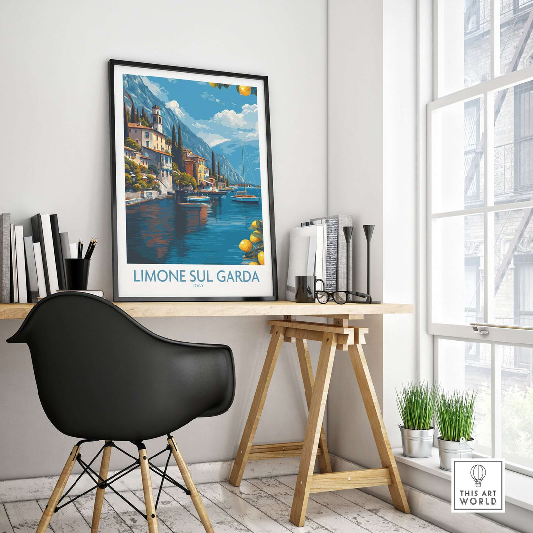 Limone sul Garda Italy Art Print | Lake Garda Poster displayed in a modern workspace by a window.