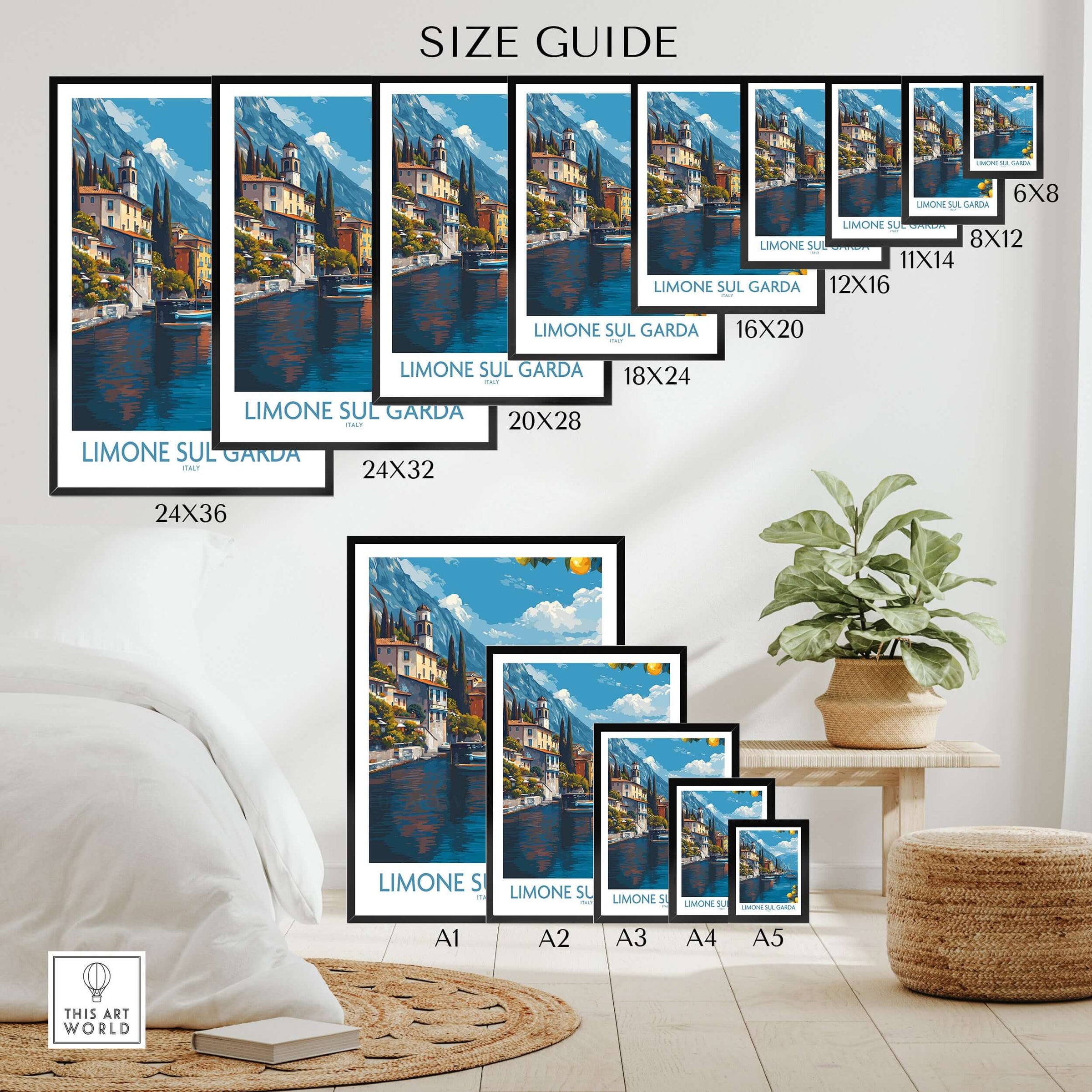 Limone sul Garda Italy Art Print | Lake Garda Poster size guide showcasing available dimensions.