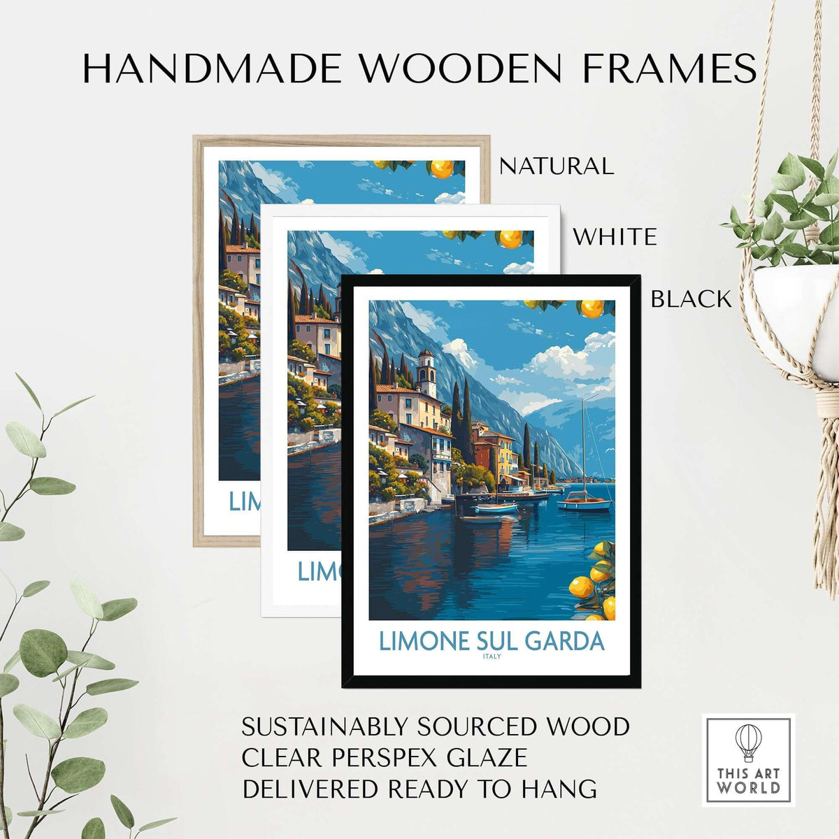 Handmade wooden frames for Limone sul Garda Italy Art Print | Lake Garda Poster in natural, white and black colors.