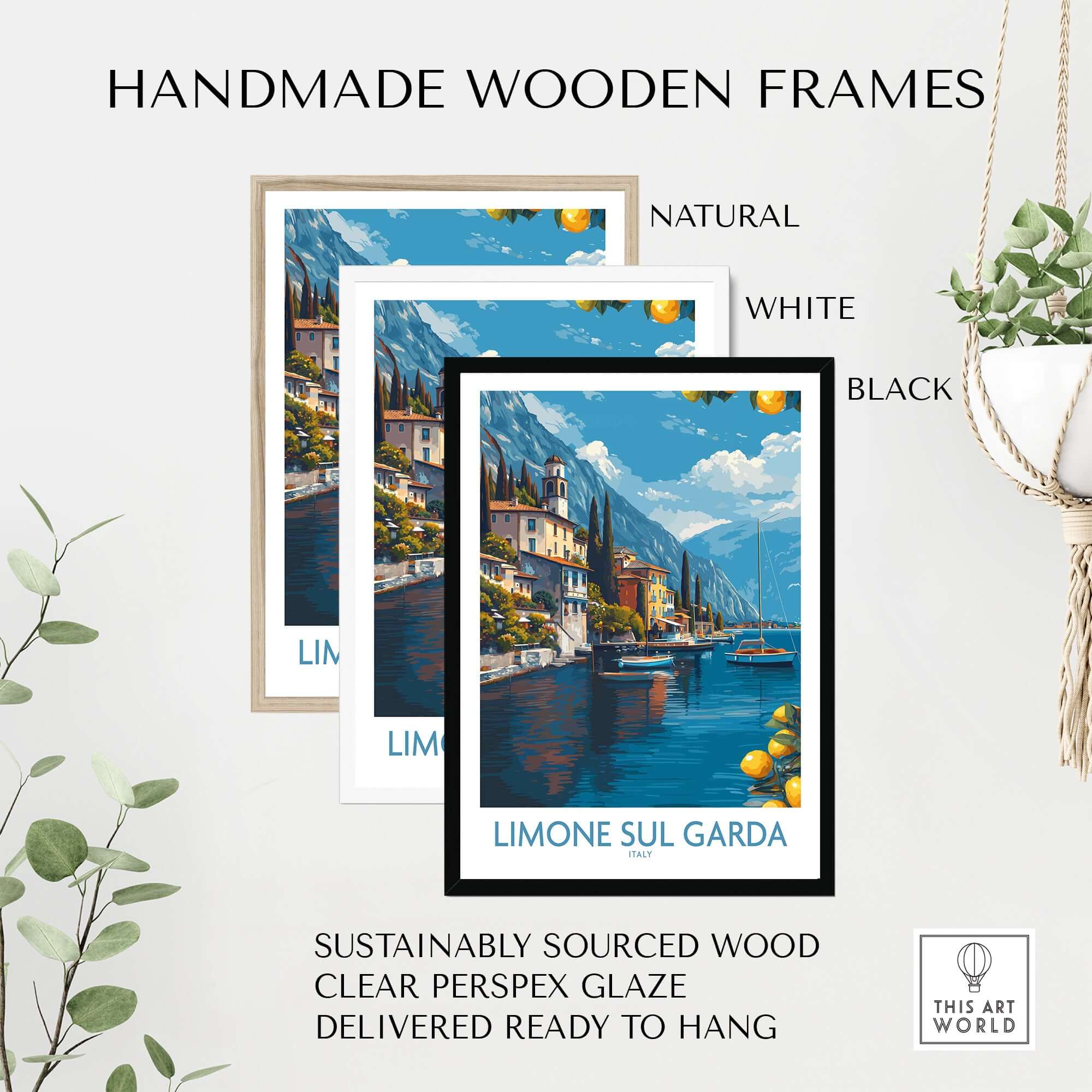 Handmade wooden frames for Limone sul Garda Italy Art Print | Lake Garda Poster in natural, white and black colors.