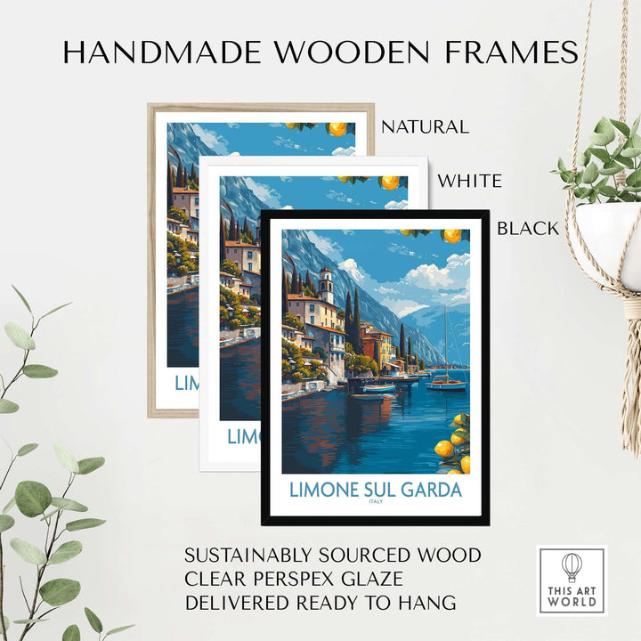Handmade wooden frames in natural, white, and black styles for Limone sul Garda Italy Art Print | Lake Garda Poster.