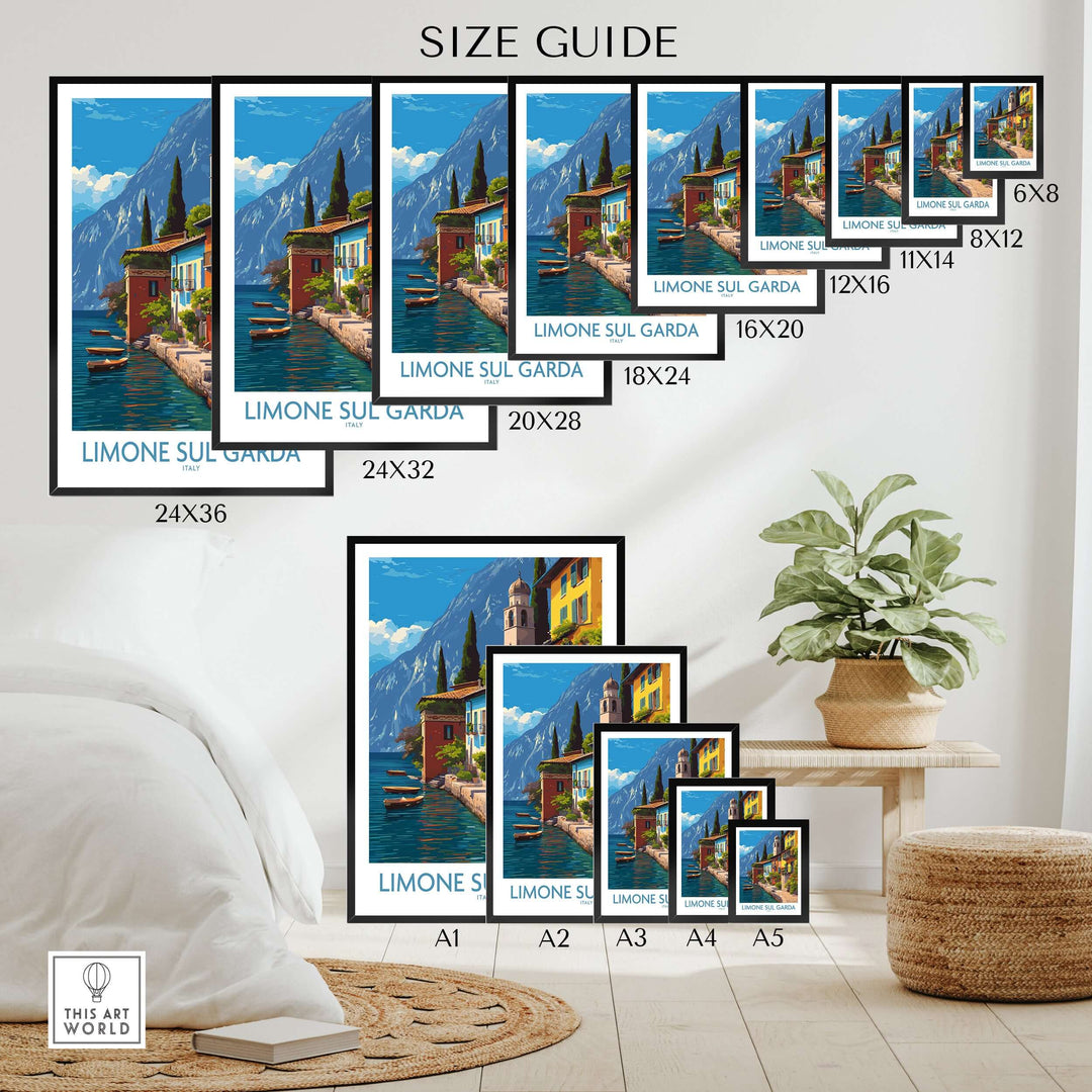 Limone sul Garda Italy Art Print | Lake Garda Travel Poster size guide with various frame dimensions.