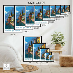 Limone sul Garda Italy Art Print | Lake Garda Travel Poster size guide with various frame dimensions.