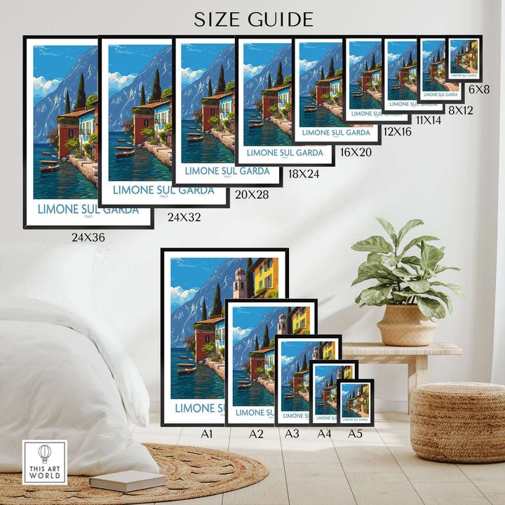 Limone sul Garda Italy Art Print | Lake Garda Travel Poster size guide with various frame dimensions.