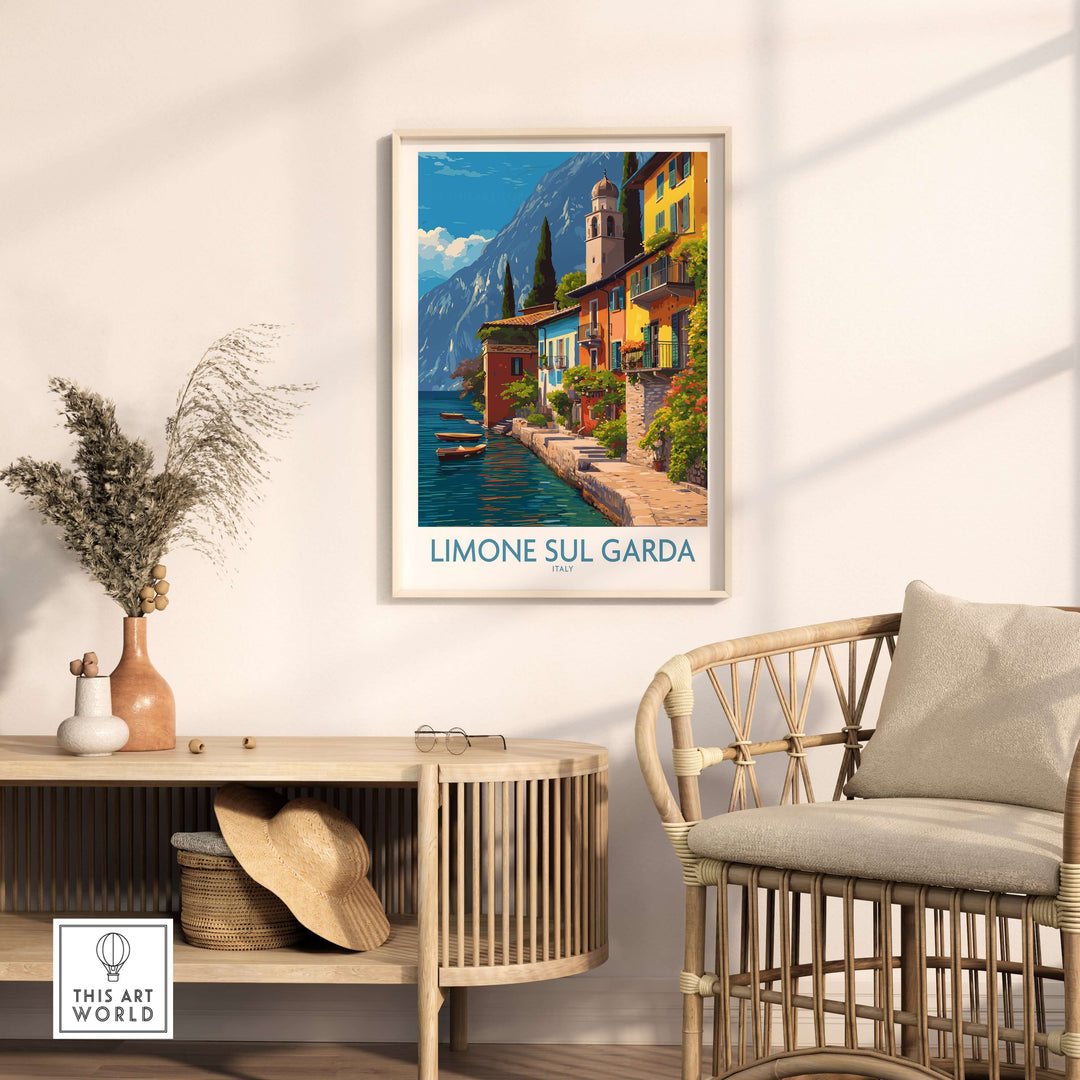 Limone sul Garda Italy Art Print | Lake Garda Travel Poster framed in a stylish living room setting.