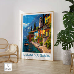 Limone sul Garda Italy Art Print | Lake Garda Travel Poster featuring vibrant lakeside views and charming Italian architecture.