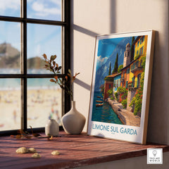 Limone sul Garda Italy Art Print | Lake Garda Travel Poster showcased by a window with a lakeside view.