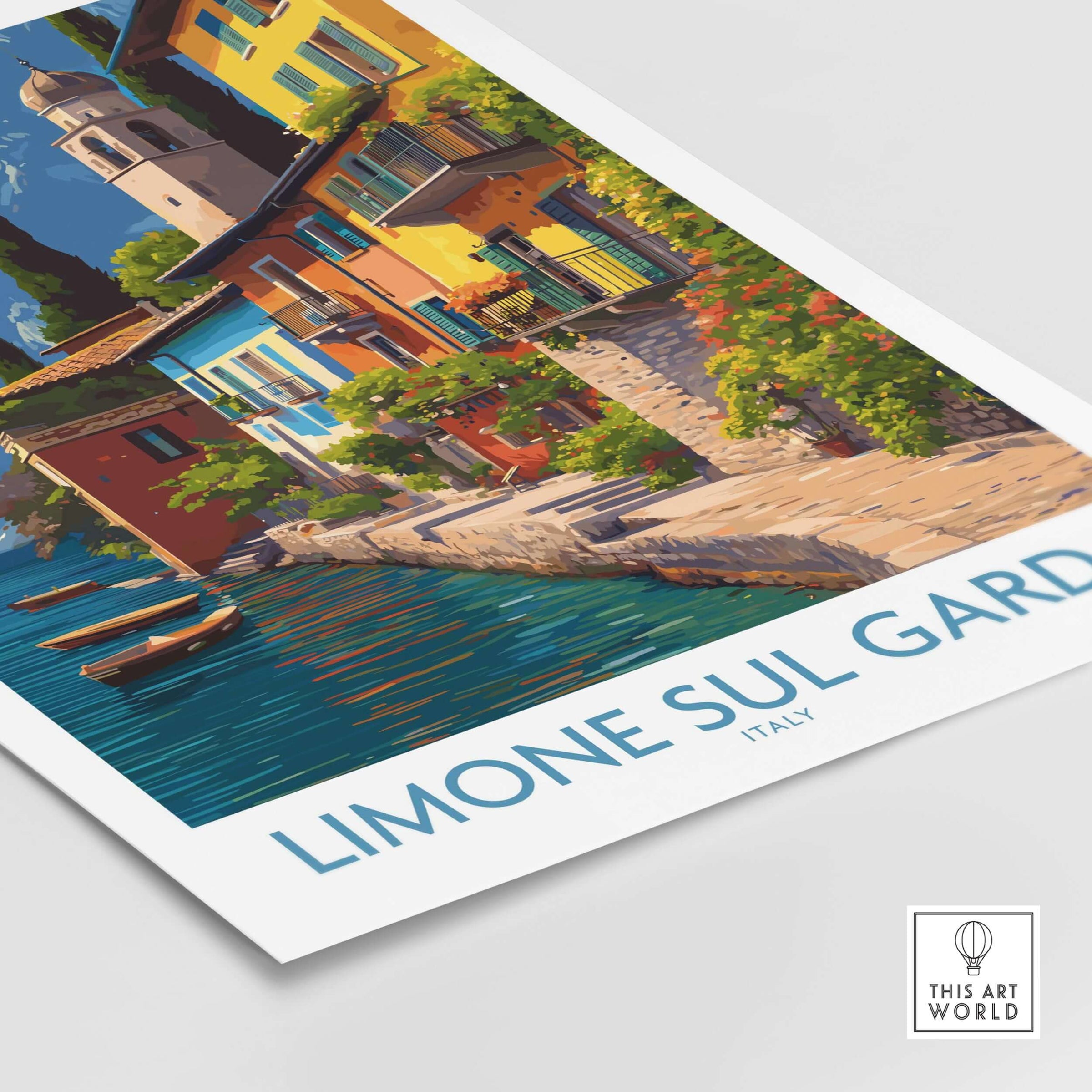 Limone sul Garda Italy Art Print | Lake Garda Travel Poster featuring vibrant lakeside views and charming architecture.