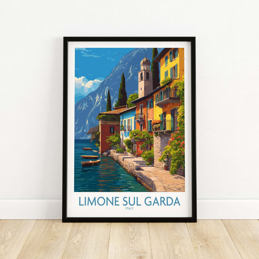 Limone sul Garda Italy Art Print | Lake Garda Travel Poster featuring picturesque lakeside views and colorful Italian architecture.