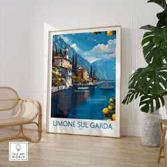 Limone sul Garda Italy Art Print | Lake Garda Poster displayed in a stylish interior with a scenic lakeside view.