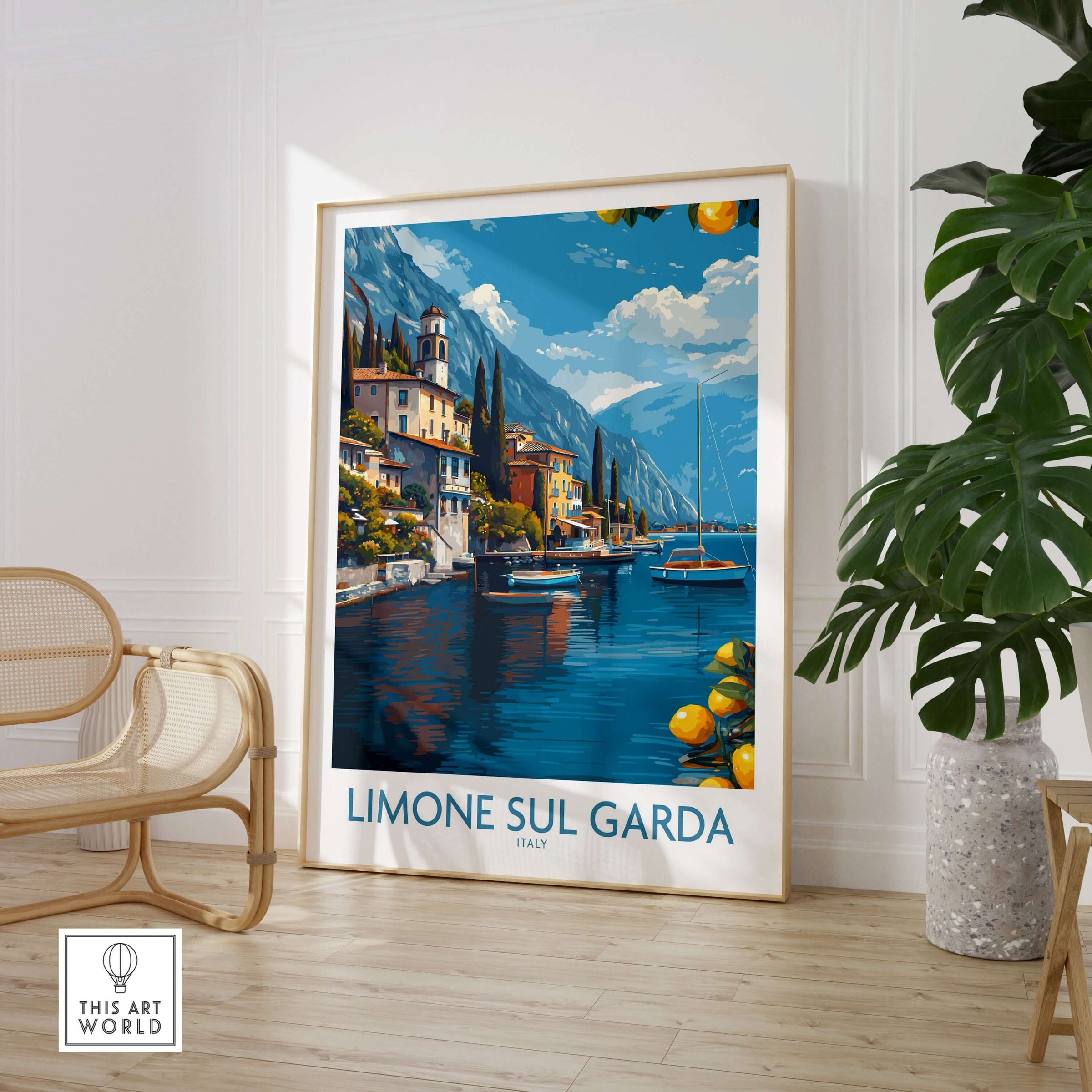 Limone sul Garda Italy Art Print | Lake Garda Poster displayed in a stylish interior with a scenic lakeside view.
