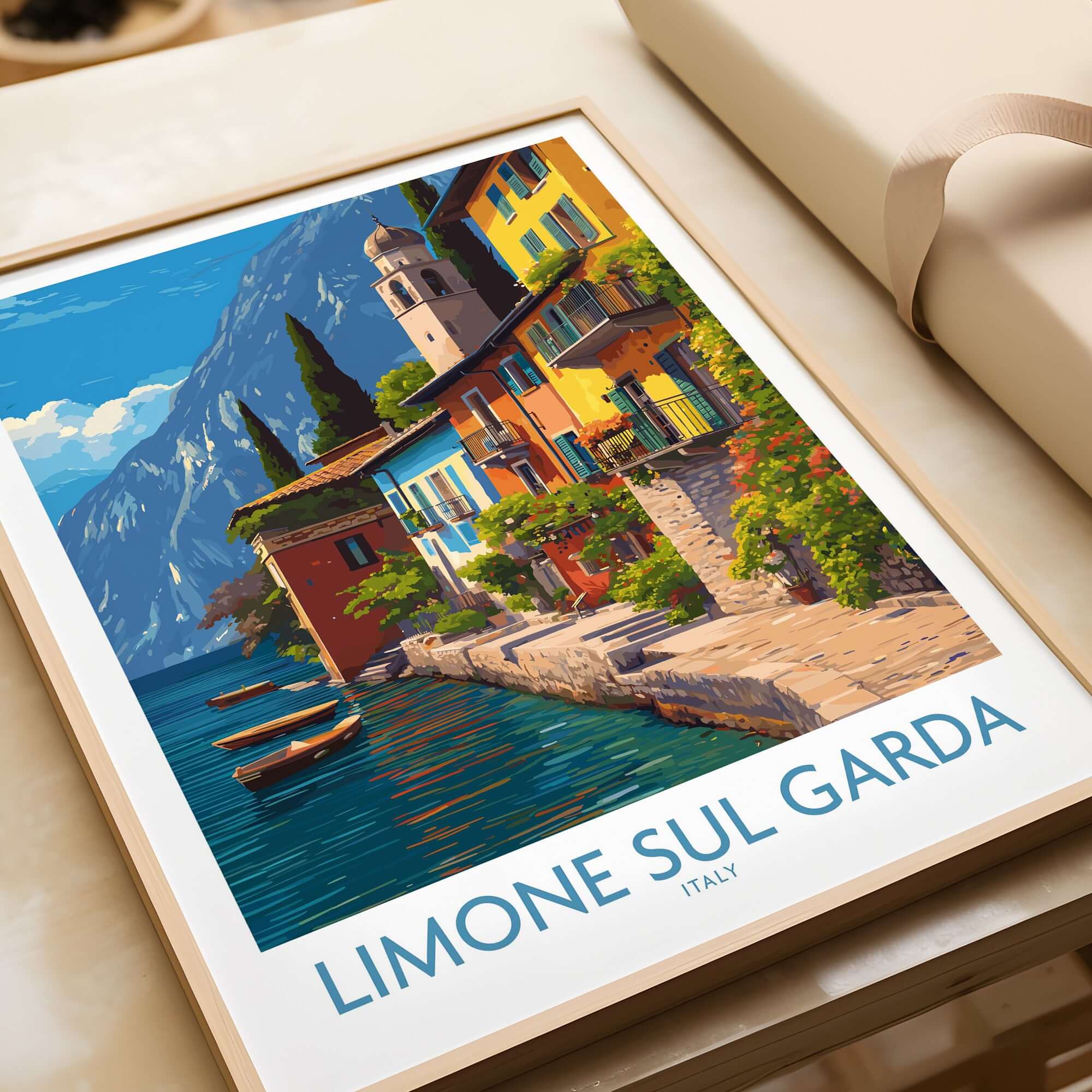 Limone sul Garda Italy Art Print | Lake Garda Travel Poster featuring vibrant lakeside views and charming architecture.