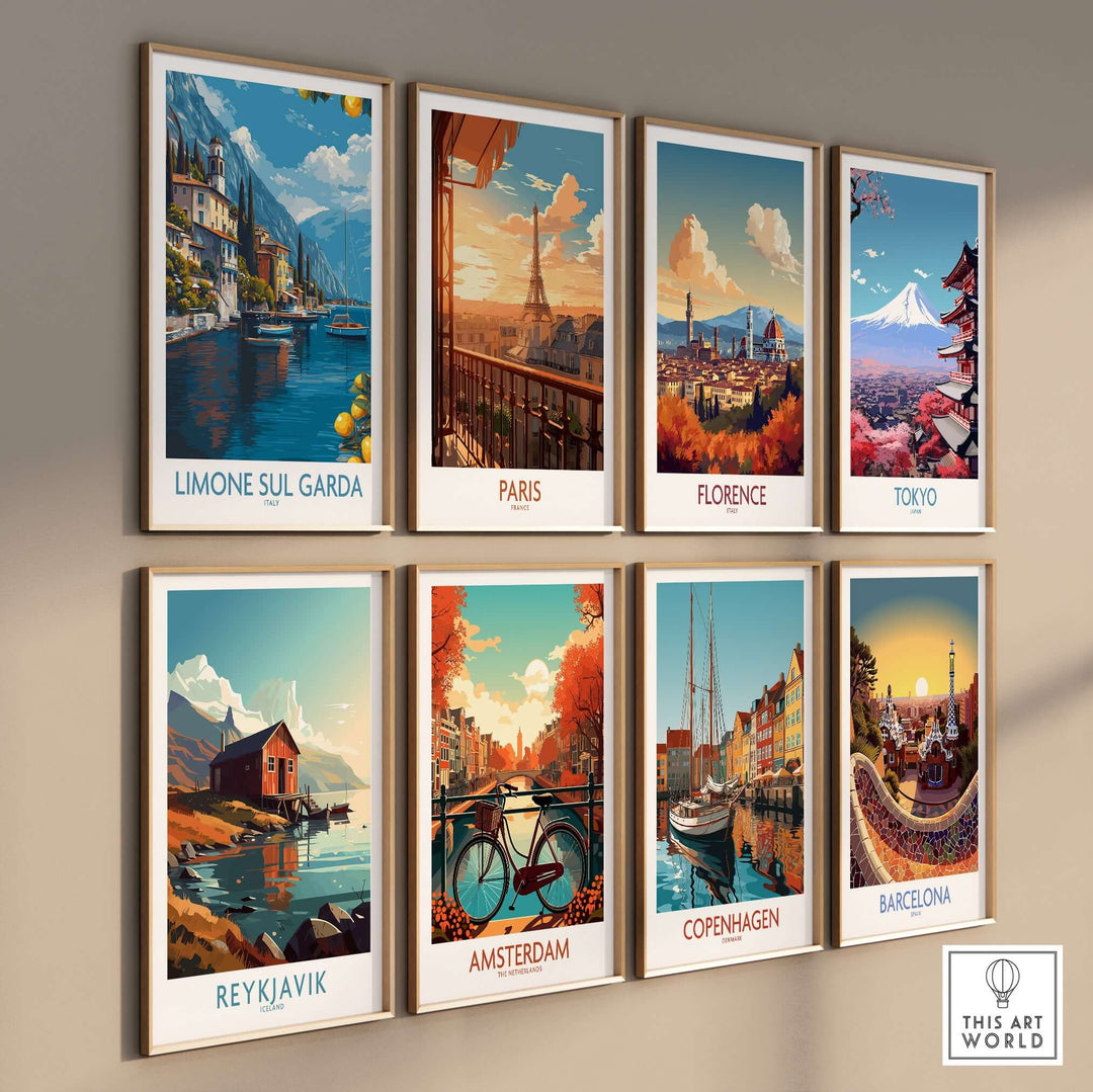 Limone sul Garda Italy Art Print | Lake Garda Poster displayed among other city art prints on a wall.