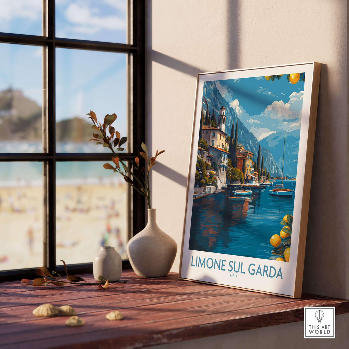 Limone sul Garda Italy Art Print | Lake Garda Poster displayed in a cozy interior with lakeside views.
