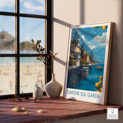 Limone sul Garda Italy Art Print | Lake Garda Poster displayed in a cozy interior with lakeside views.