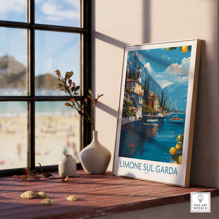 Limone sul Garda Italy Art Print | Lake Garda Poster framed near a window with beach views.