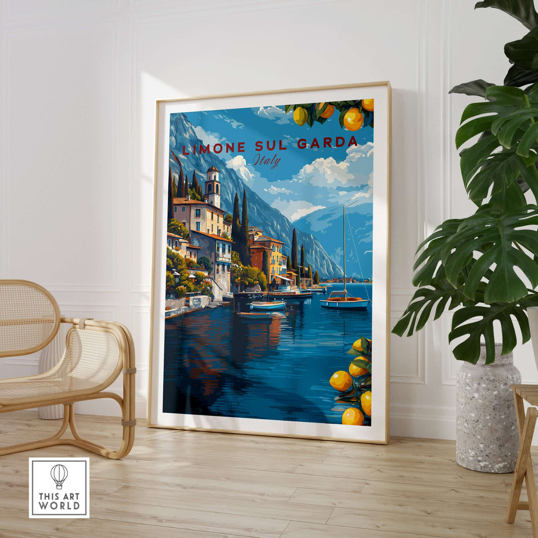 Limone sul Garda Poster - Italy Lake Garda Wall Art displayed in a stylish living space with greenery.