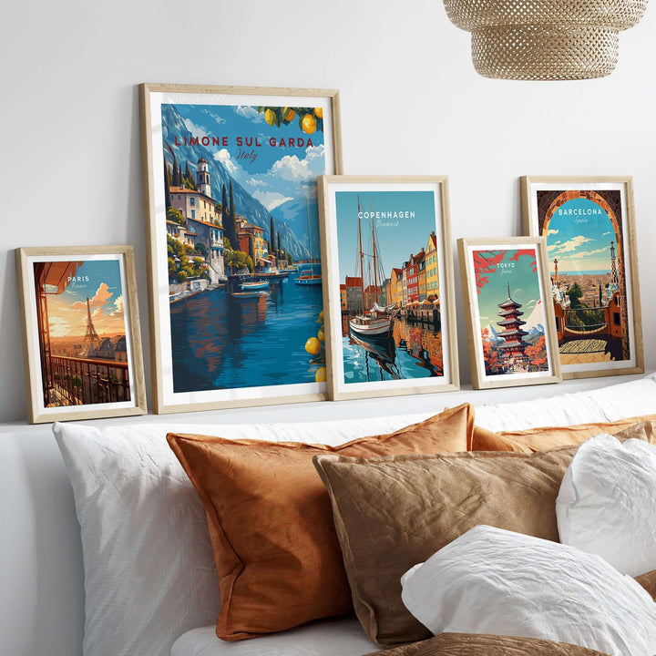 Limone sul Garda Poster - Italy Lake Garda Wall Art displayed with other city posters on a stylish home decor wall.