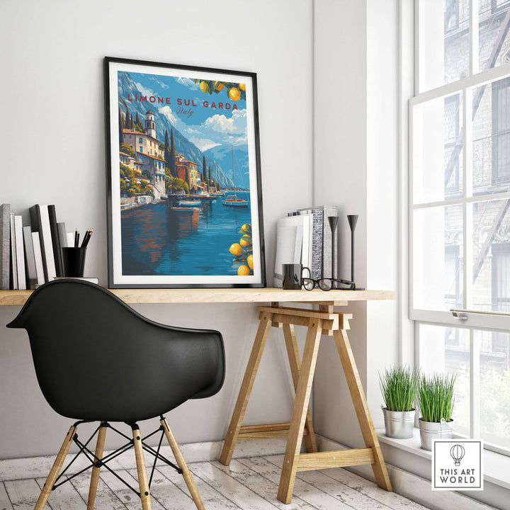 Limone sul Garda Poster - Italy Lake Garda Wall Art displayed in a modern workspace with a stylish chair.