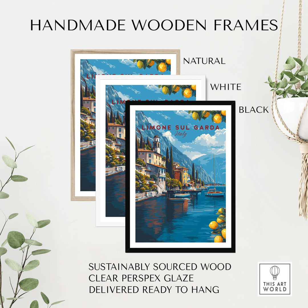 Limone sul Garda Poster - Italy Lake Garda Wall Art framed in natural, white, and black handmade wooden frames.