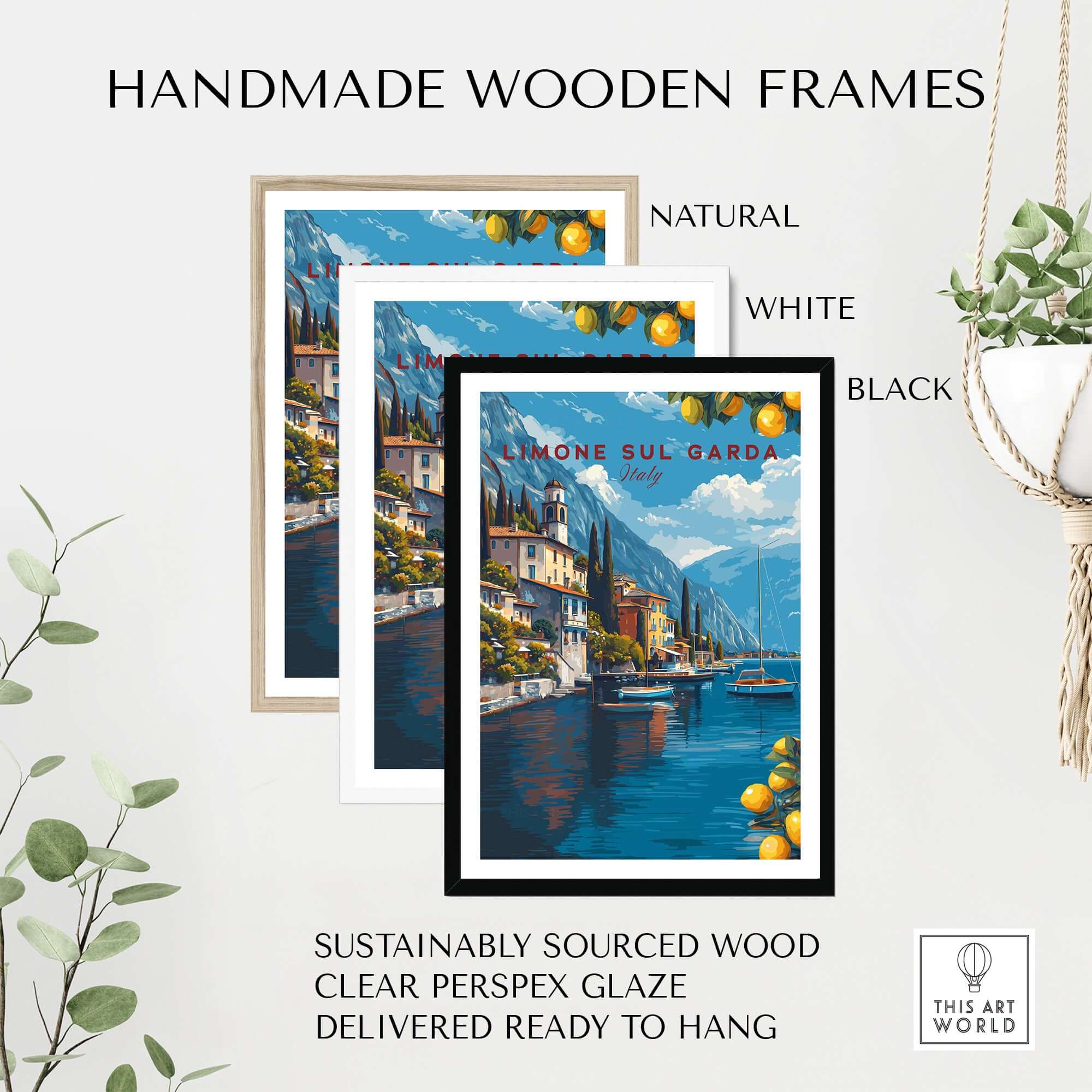 Limone sul Garda Poster - Italy Lake Garda Wall Art in handmade wooden frames, available in natural, white, and black.