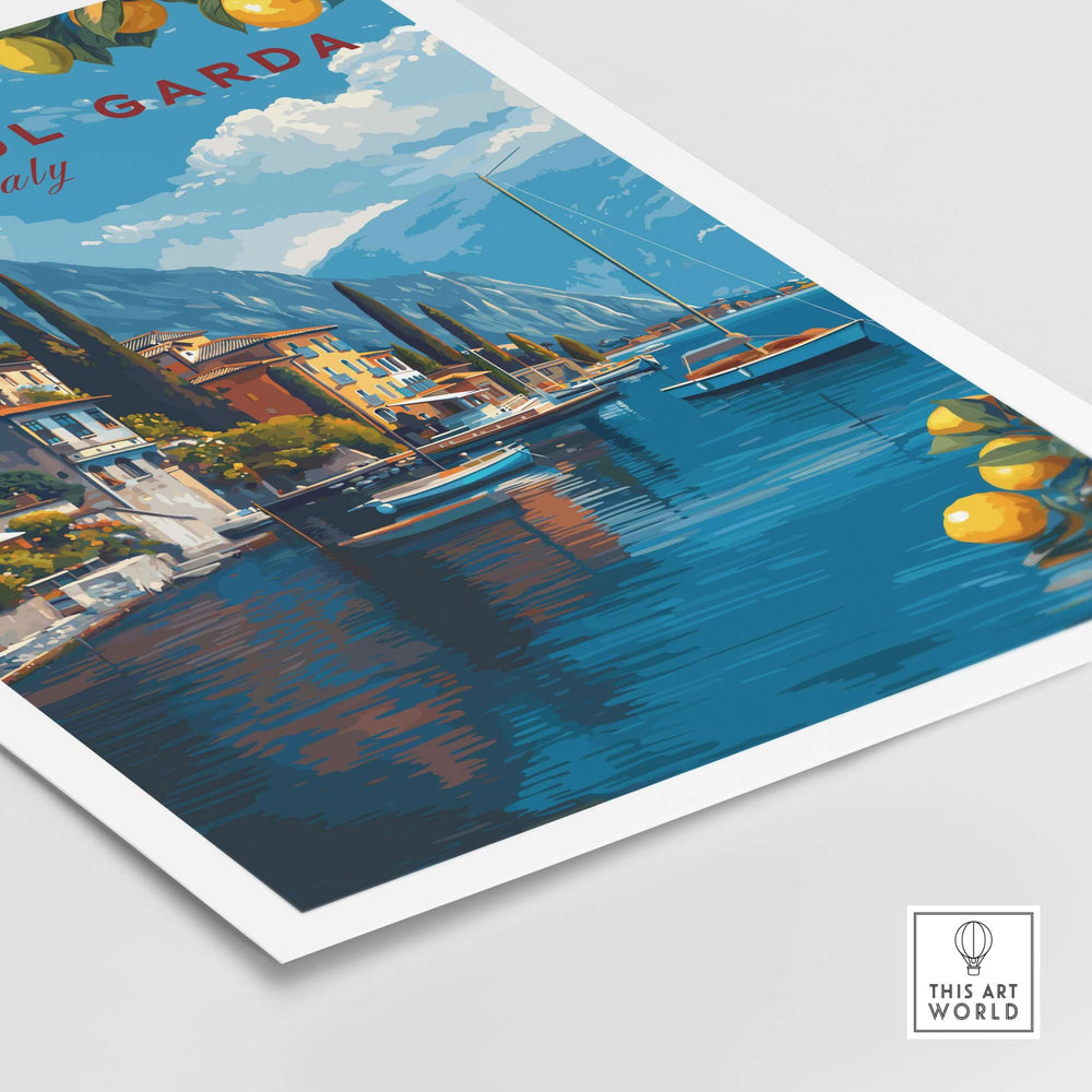 Limone sul Garda Poster - Italy Lake Garda Wall Art featuring vibrant lakeside town with boats and mountains.