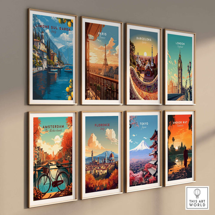 Limone sul Garda Poster - Italy Lake Garda Wall Art displayed among various city posters on a wall.