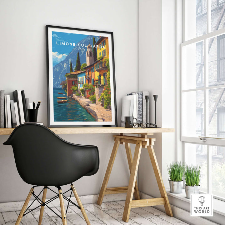 Limone sul Garda Print | Lake Garda Wall Decor displayed in a modern workspace with stylish furniture.