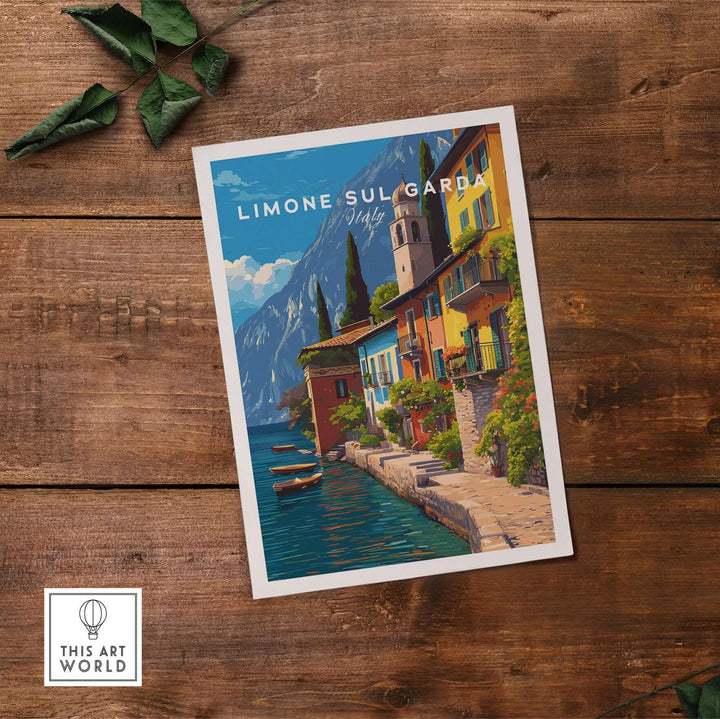 Limone sul Garda Print | Lake Garda Wall Decor showcasing vibrant lakeside village artwork on wooden table.