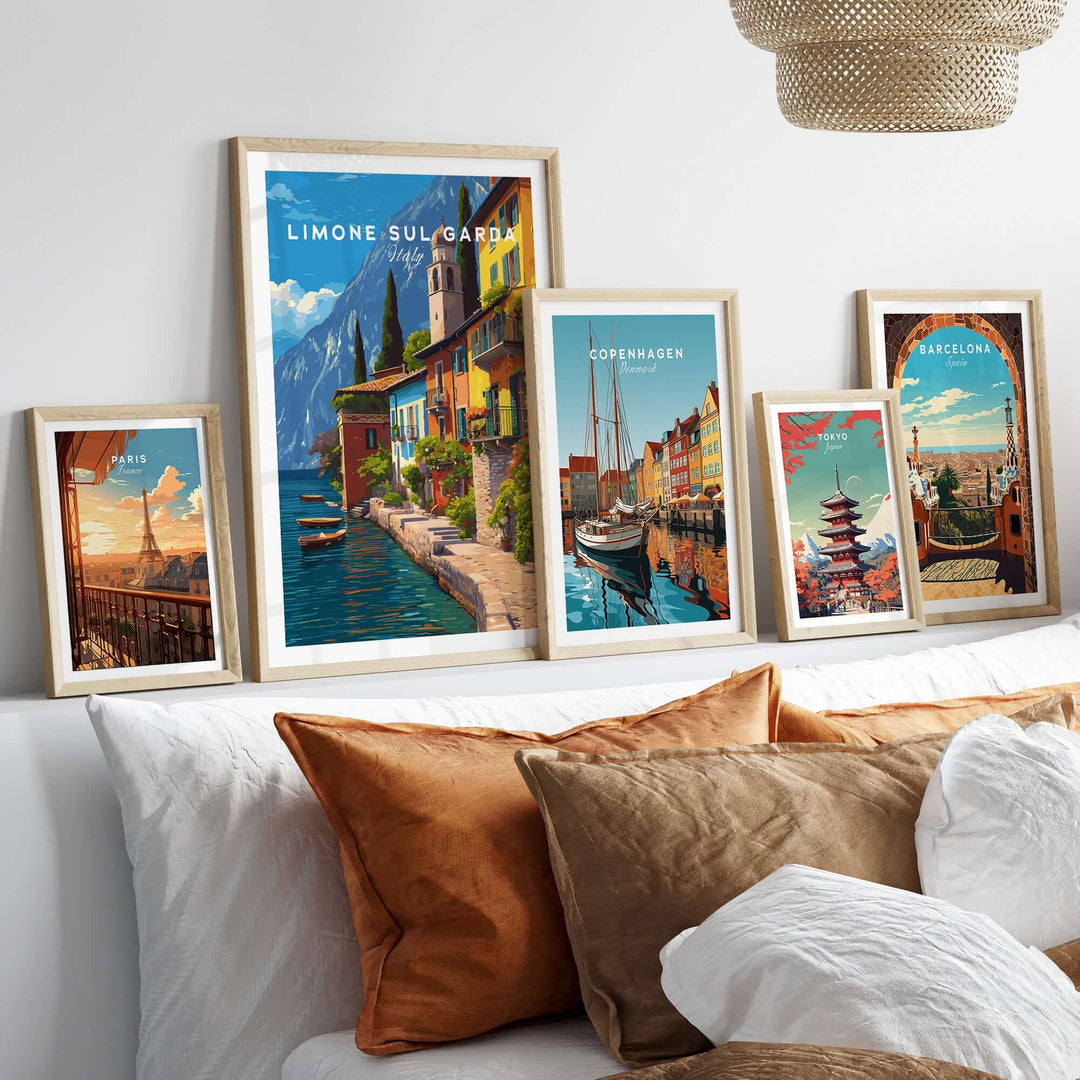 Limone sul Garda Print | Lake Garda Wall Decor displayed among other picturesque city prints on a stylish wall.