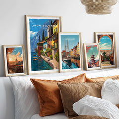 Limone sul Garda Print | Lake Garda Wall Decor showcased among other travel prints in a stylish living room setting.