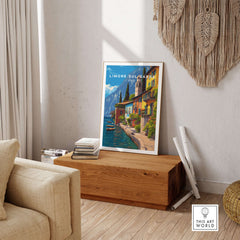 Limone sul Garda Print | Lake Garda Wall Decor showcased in a cozy living room setting with wooden accents.