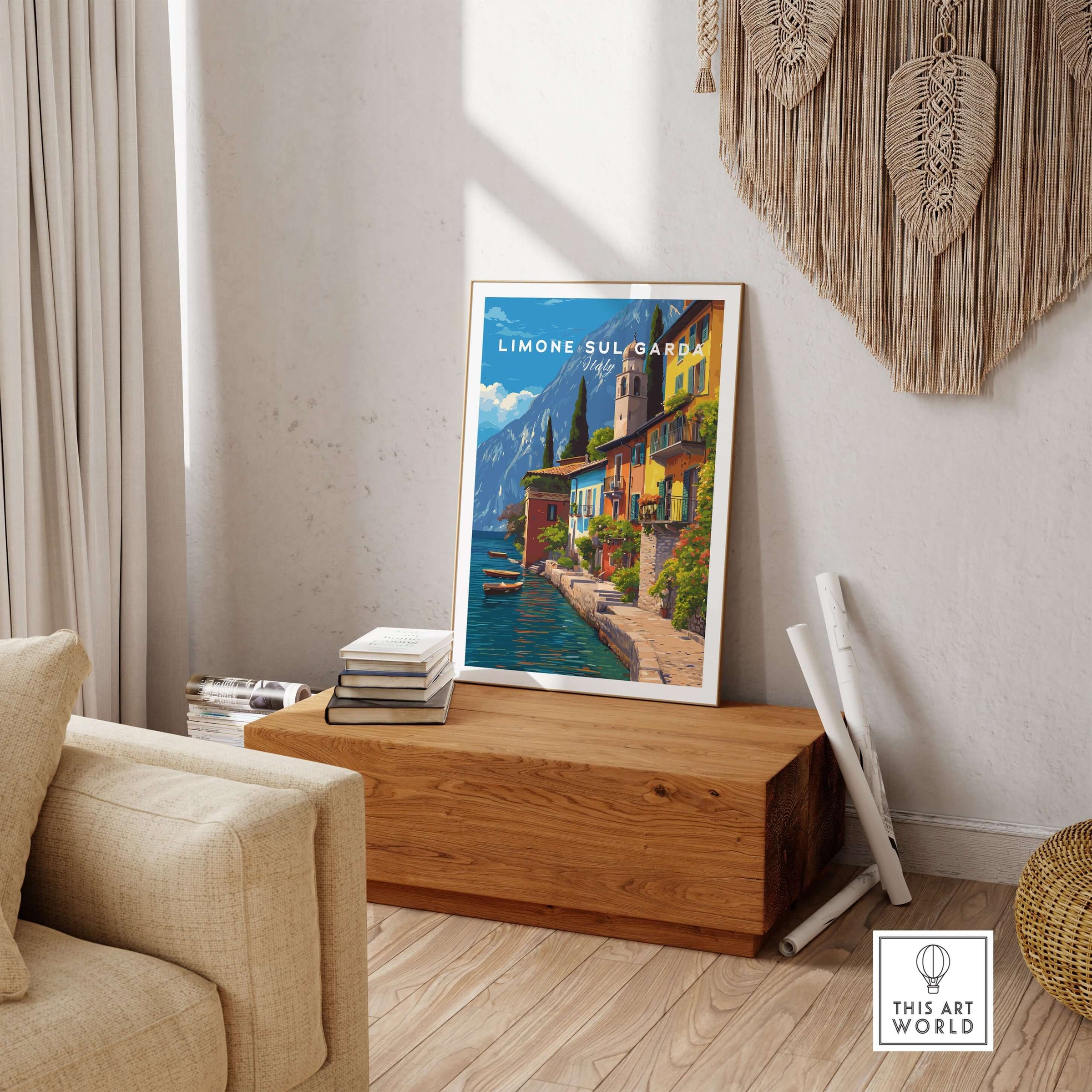 Limone sul Garda Print | Lake Garda Wall Decor showcased in a cozy living room setting with wooden accents.