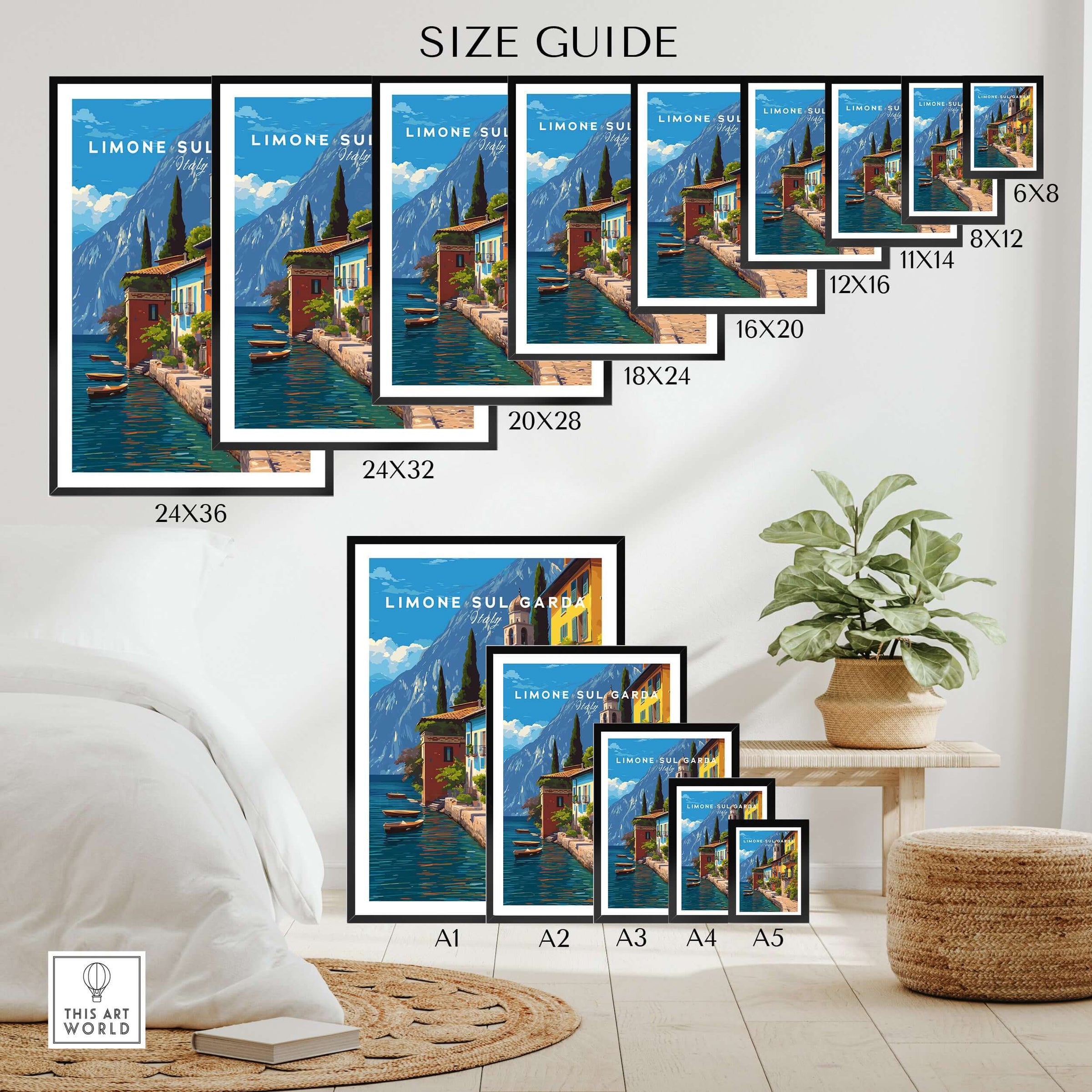 Limone sul Garda Print | Lake Garda Wall Decor size guide showcasing various print sizes and frames.