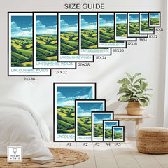Size guide for Lincolnshire Wolds Poster showcasing various frame sizes and dimensions.