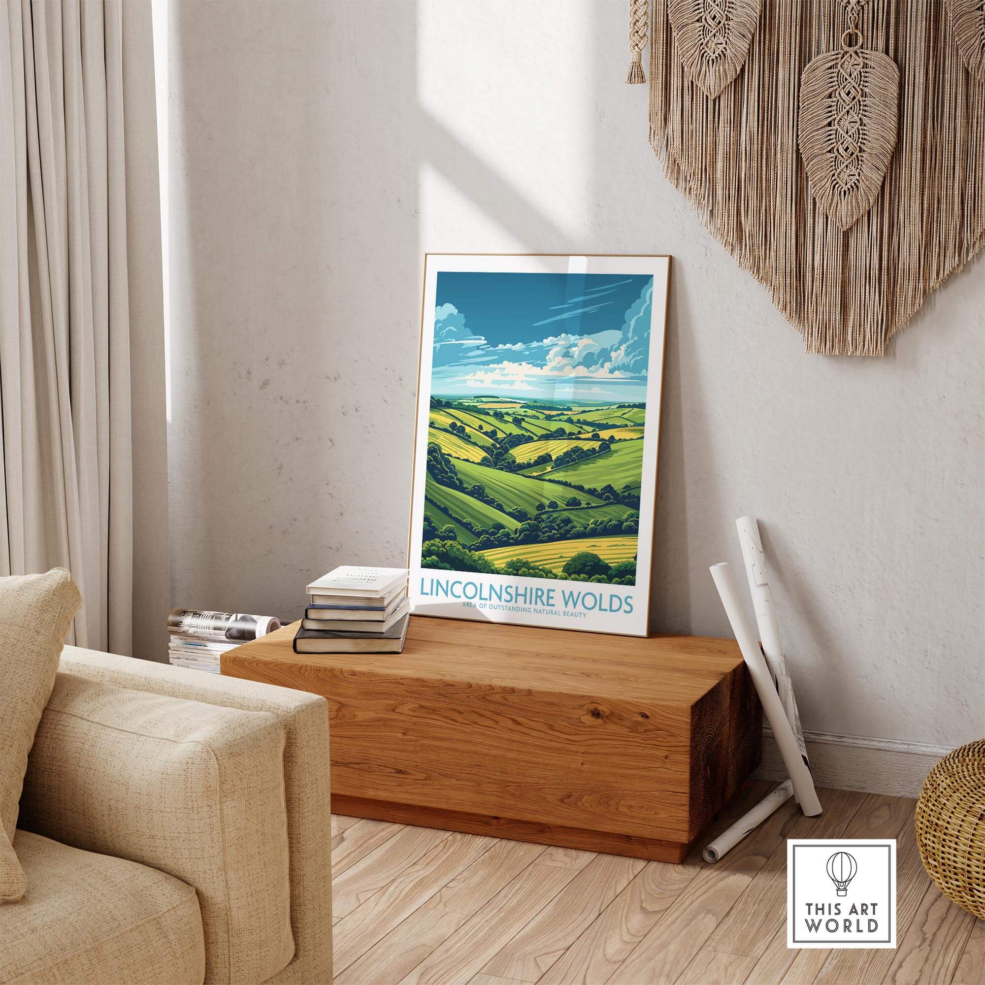 Lincolnshire Wolds Poster displayed in a cozy living room with rolling hills and vibrant landscapes.