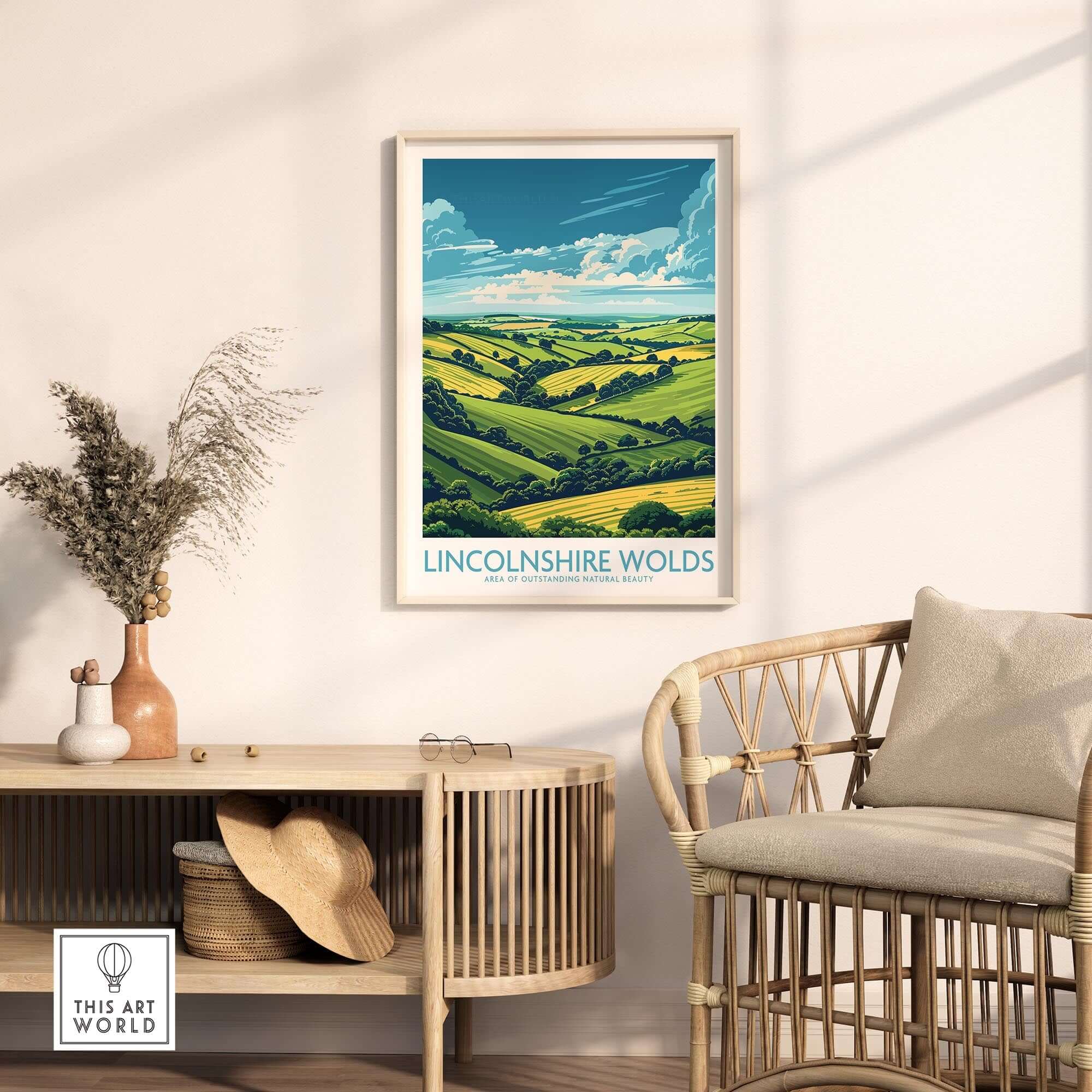 Lincolnshire Wolds Poster framed in a stylish interior, showcasing the rolling hills and vibrant landscapes of Lincolnshire Wolds.