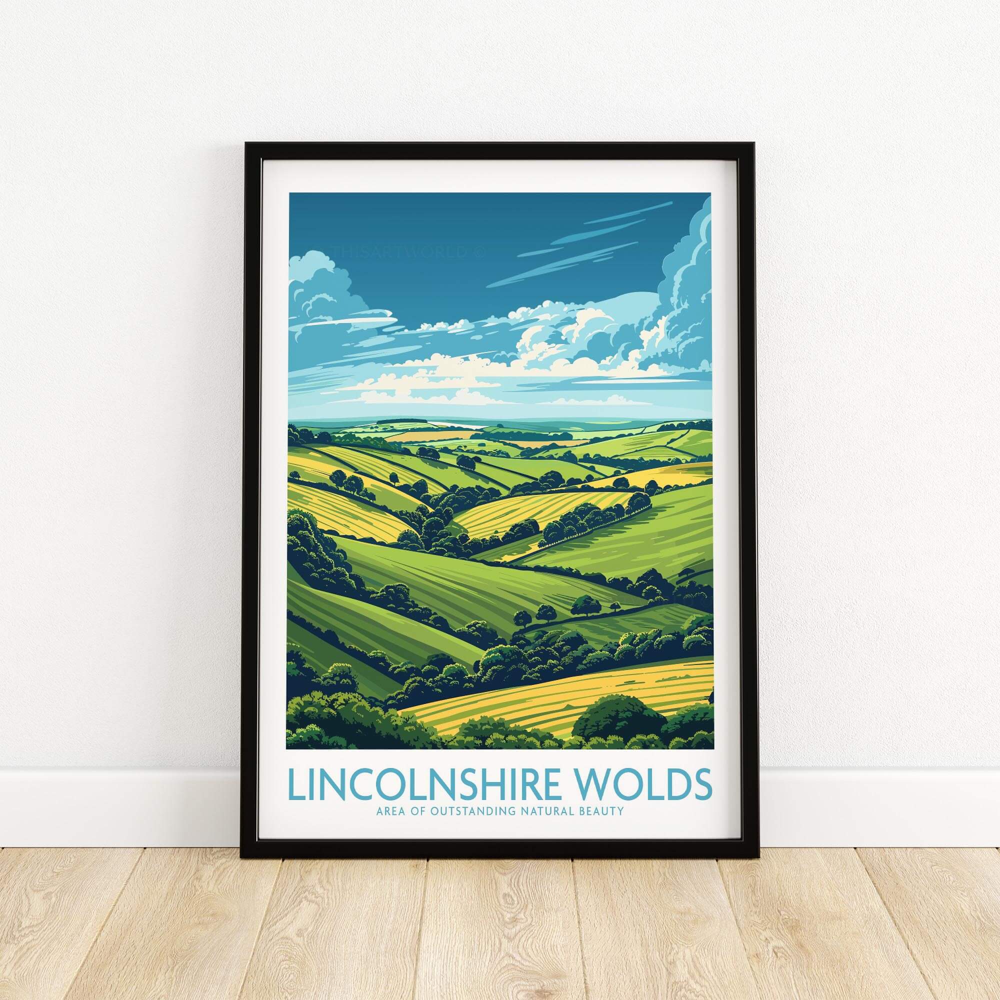 Lincolnshire Wolds Poster showcasing picturesque rolling hills and vibrant landscapes in a decorative frame.