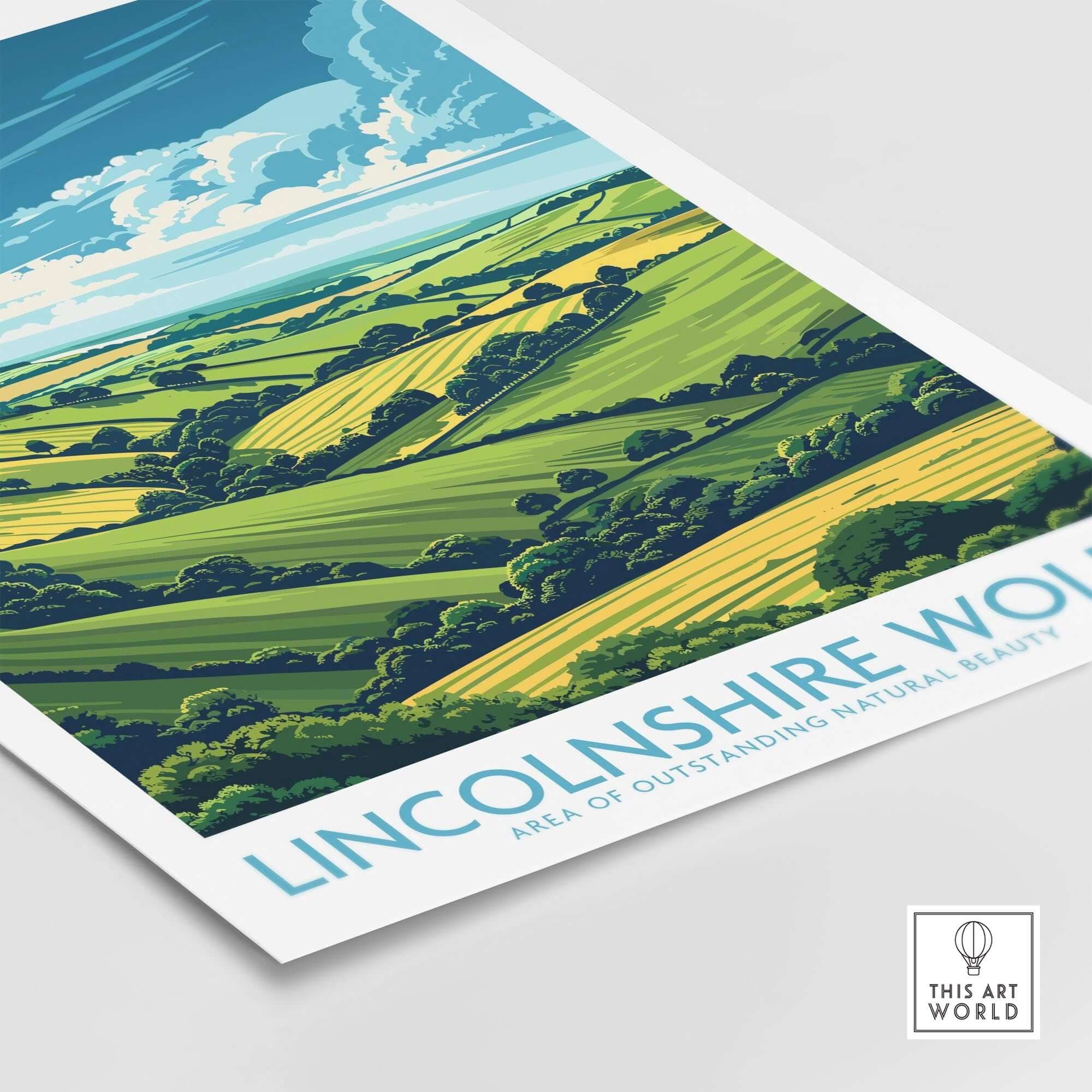 Lincolnshire Wolds Poster showcasing rolling hills and vibrant landscapes of an Area of Outstanding Natural Beauty.
