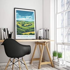 Lincolnshire Wolds Poster framed in a modern interior setting, showcasing the serene rolling hills and vibrant landscapes.