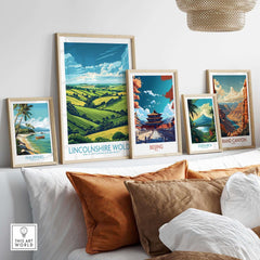 Lincolnshire Wolds Poster displayed among framed art, showcasing beautiful landscapes and travel destinations.