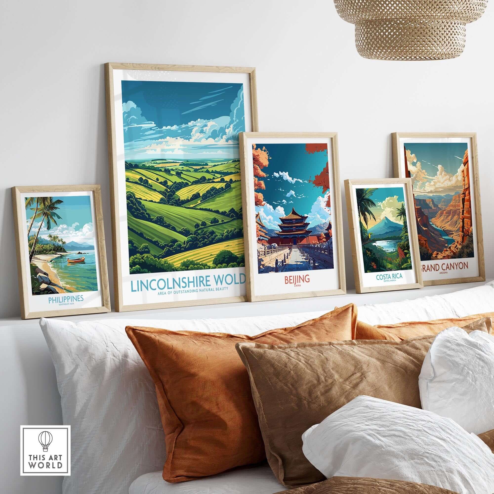 Lincolnshire Wolds Poster displayed among framed art, showcasing beautiful landscapes and travel destinations.